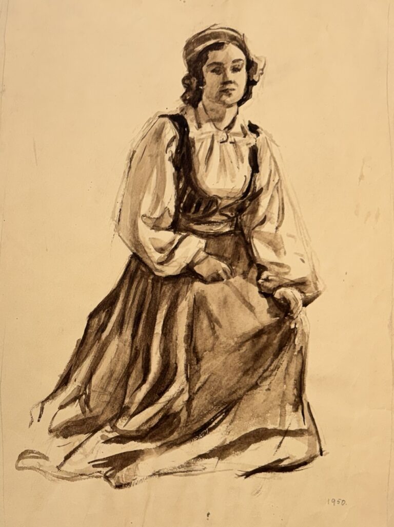 Istuv naine rahvarõivais, Aino Bach